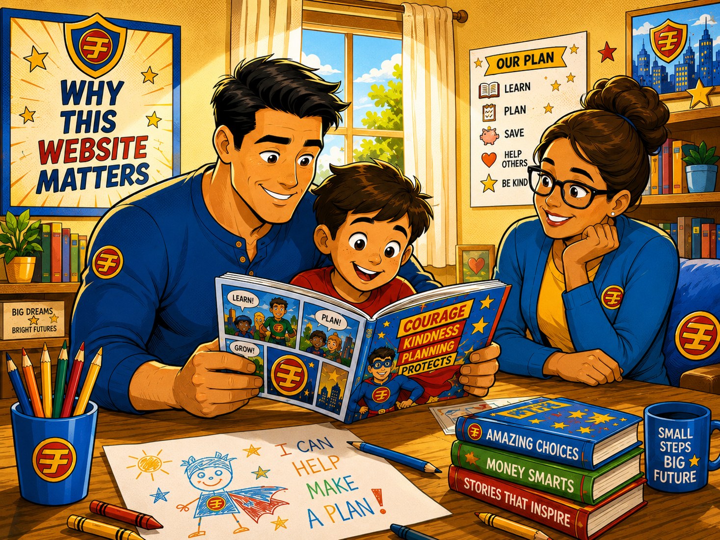 Family reading educational Super Insurance Man comics together
